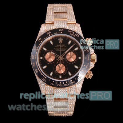 Super Clone Iced Out Rolex Daytona 7750 Diamond Rose Gold Black Dial Watch 